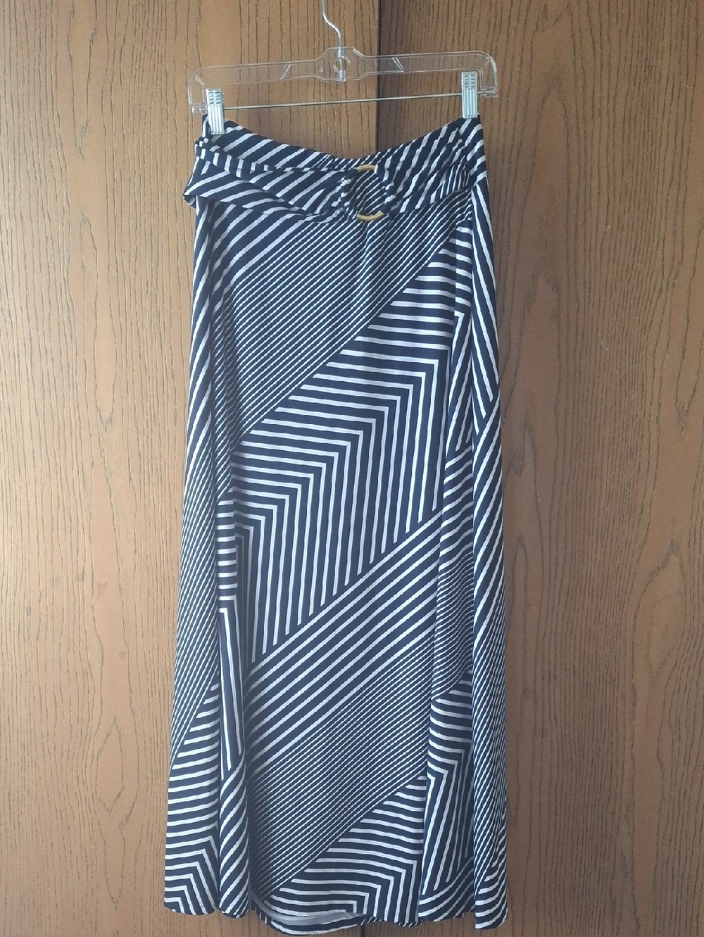Robert Louis Navy and White Diagonal Stripe Maxi Skirt with Belt Detail